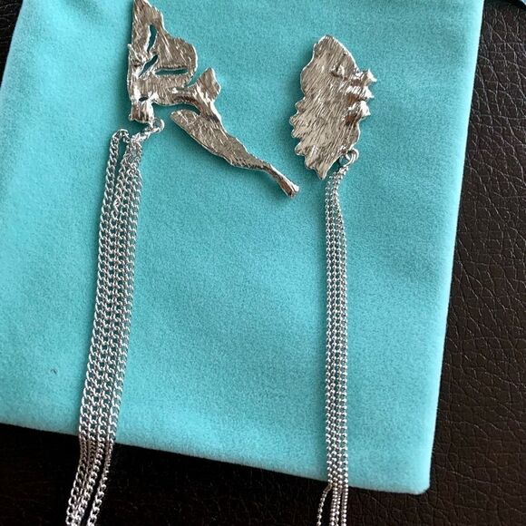New 925 Silver Post  Asymmetric Butterfly Wing Long Tassel Earrings - Picture 9 of 13